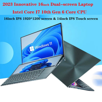 MOLOSUPER Dual Screen Laptop 16 Inch 14 Inch Touch Screen Core I7 10750H Portable Gaming Notebook Computer PC 32GB 64GB RAM SSD