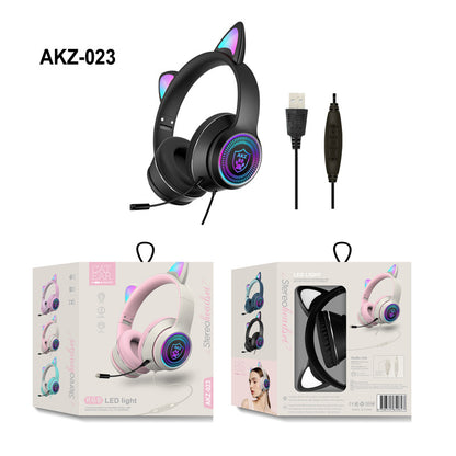 AKZ-023 New RGB Luminous Cat Ear Wired Headset USB With Sound Card Game Headset Learning Headset