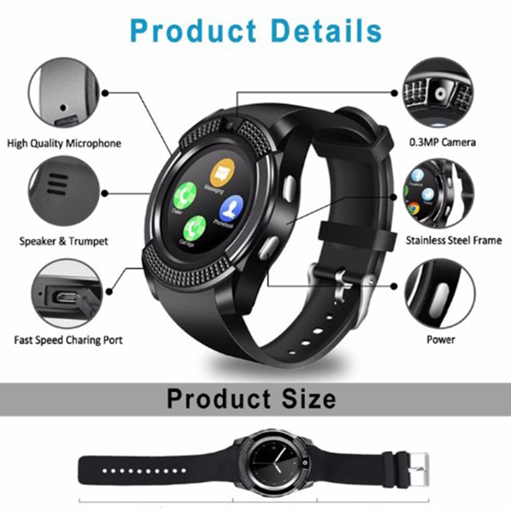 V8 Smart Watch Bluetooth Call Fitness Blood Pressure Monitor Support TF SIM Card Bracelet Men Woman Sports Waterproof Smartwatch