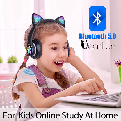 Cute Cat Bluetooth Wireless Headphones With Mic &amp; audio cable &amp; Glowing RGB LED, Children Black Pink Girls Stereo Music Headset