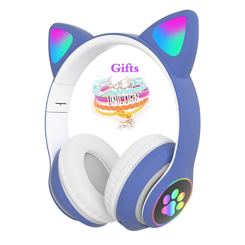 Cute Cat Bluetooth Wireless Headphones With Mic &amp; audio cable &amp; Glowing RGB LED, Children Black Pink Girls Stereo Music Headset