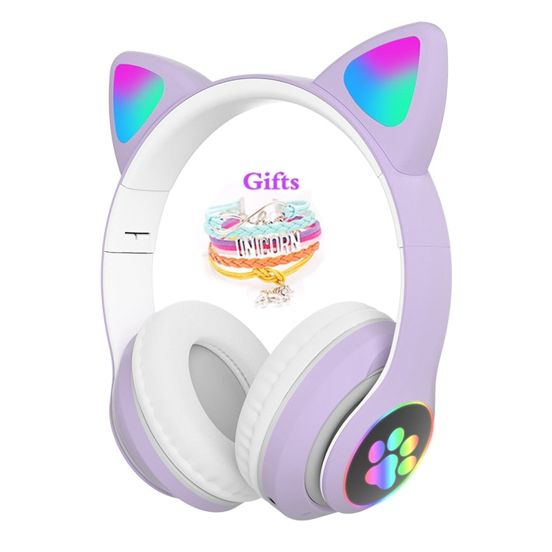 Cute Cat Bluetooth Wireless Headphones With Mic &amp; audio cable &amp; Glowing RGB LED, Children Black Pink Girls Stereo Music Headset