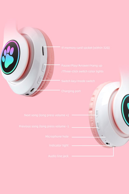 Cute Cat Bluetooth Wireless Headphones With Mic &amp; audio cable &amp; Glowing RGB LED, Children Black Pink Girls Stereo Music Headset