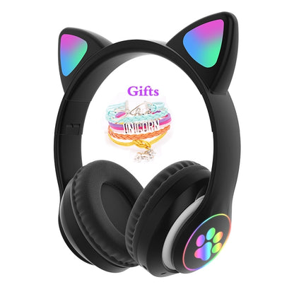 Cute Cat Bluetooth Wireless Headphones With Mic &amp; audio cable &amp; Glowing RGB LED, Children Black Pink Girls Stereo Music Headset