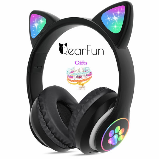 Cute Cat Bluetooth Wireless Headphones With Mic &amp; audio cable &amp; Glowing RGB LED, Children Black Pink Girls Stereo Music Headset