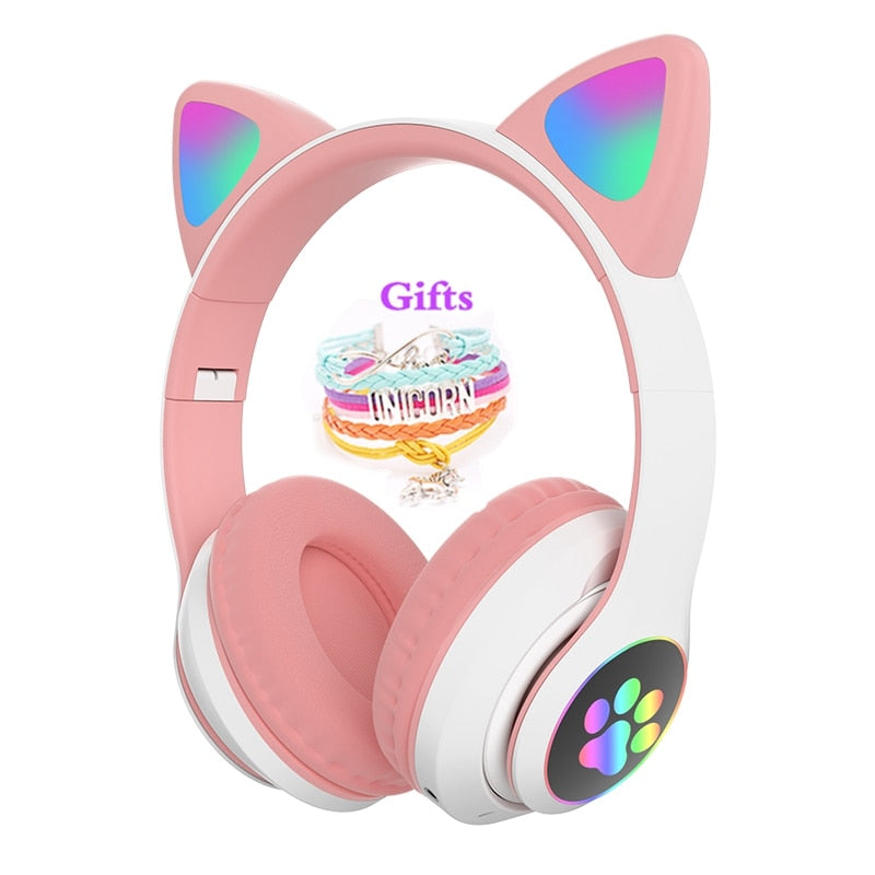 Cute Cat Bluetooth Wireless Headphones With Mic &amp; audio cable &amp; Glowing RGB LED, Children Black Pink Girls Stereo Music Headset