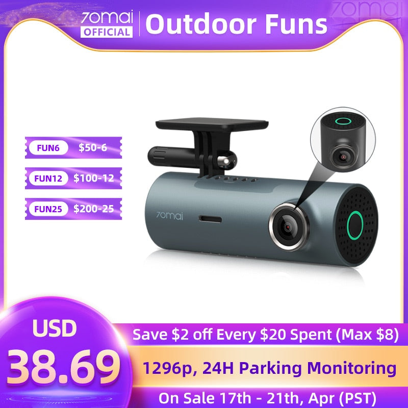 70mai Dash Cam M300 Car DVR 140° FOV 1296P Night Vision 70mai M300 Dash Camera Recorder  24H Parking Monitor WIFI &amp; App Control