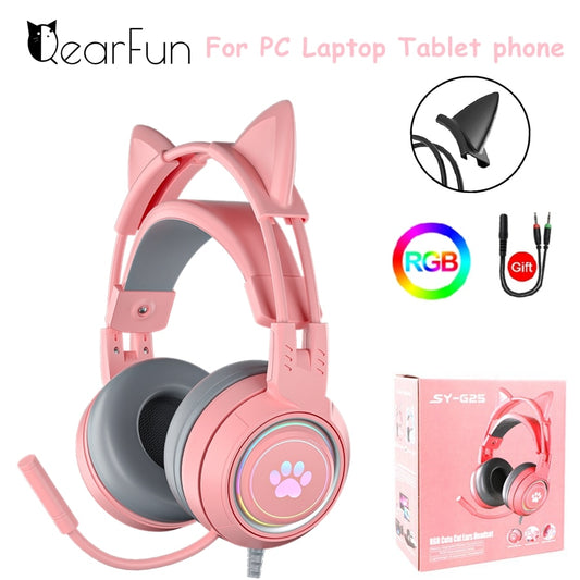 Pink Girls Cat Headphones with Mic for Laptop RGB LED Noise Reduced Stereo PC Headset Gamer for PS4 Phone Xbox Tablet Kid Gift