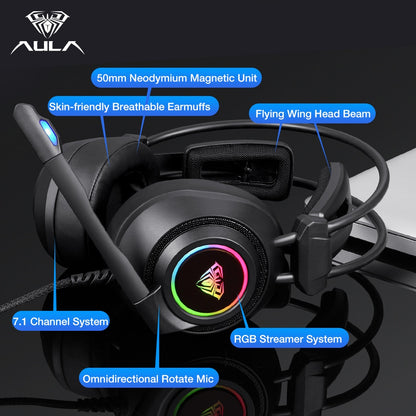 AULA S600 RGB Gaming Headset Bass Stereo PC Gamer Over Ear Headphone Surround Sound Wired Headset with Mic for Laptop Desktop