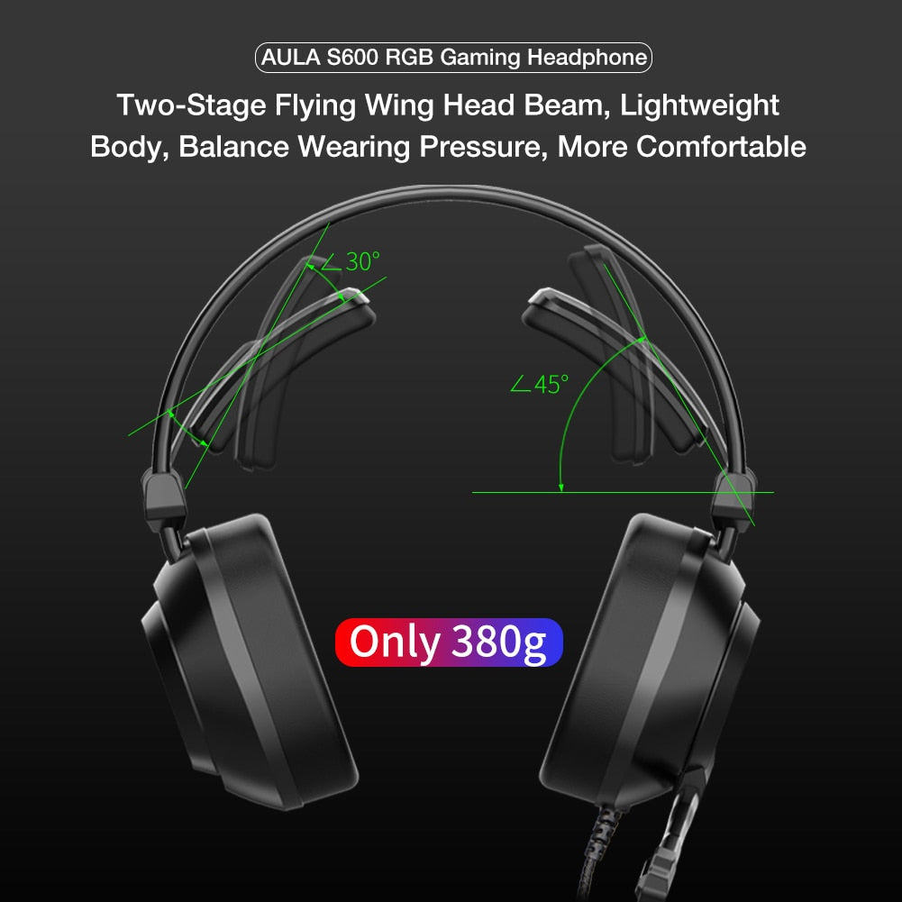 AULA S600 RGB Gaming Headset Bass Stereo PC Gamer Over Ear Headphone Surround Sound Wired Headset with Mic for Laptop Desktop