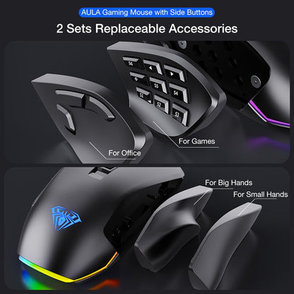 AULA H510 RGB Gaming Mouse 10000 DPI Side Buttons Marco Progrommable Egronomic 14 Wire Backlit Game Mice for Laptop