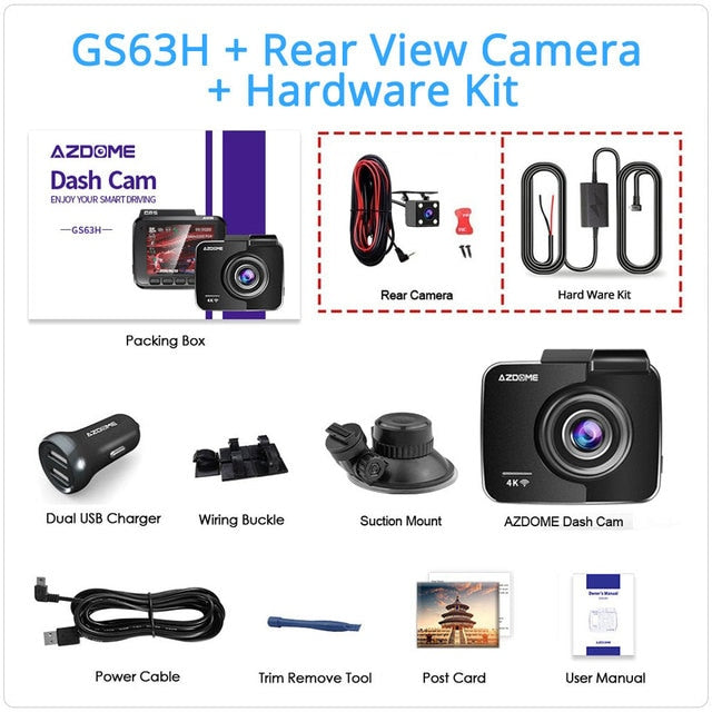 AZDOME GS63H Dash Cam Dual Lens 4K UHD Recording Car Camera DVR Night Vision WDR Built-In GPS Wi-Fi G-Sensor Motion Detection