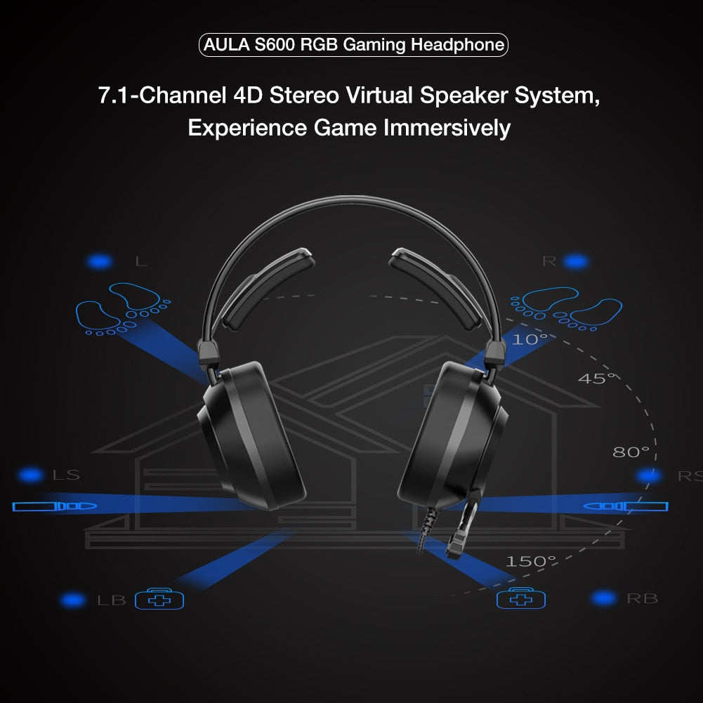 AULA S600 RGB Gaming Headset Bass Stereo PC Gamer Over Ear Headphone Surround Sound Wired Headset with Mic for Laptop Desktop