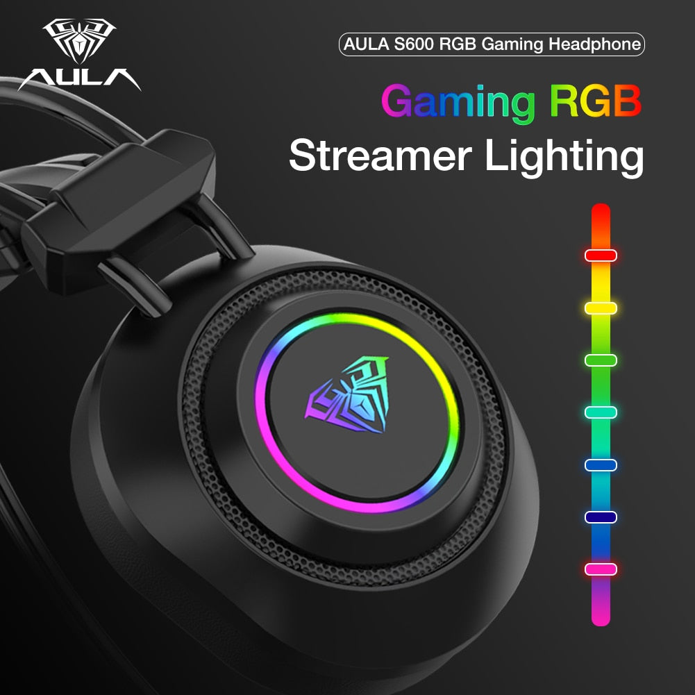 AULA S600 RGB Gaming Headset Bass Stereo PC Gamer Over Ear Headphone Surround Sound Wired Headset with Mic for Laptop Desktop